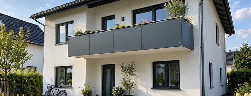 Balkon und Sockel eines Einfamilienhauses mit Aluverbundplatten in Anthrazit verkleidet – Deutsche Kunststoffbedachungen