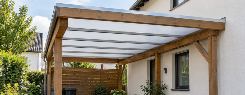 Holz-Carport mit opalen Polycarbonat-Stegplatten neben einem Einfamilienhaus – Deutsche Kunststoffbedachungen