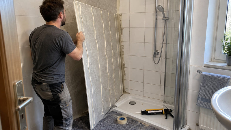 Heimwerker klebt eine Duschrückwand aus Aluverbund mit senkrechten Kleberaupen auf alte Fliesen – Deutsche Kunststoffbedachungen