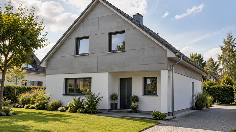 Einfamilienhaus mit HPL-Fassadenplatten in Betonoptik am Obergeschoss und weiß verputztem Erdgeschoss – Deutsche Kunststoffbedachungen