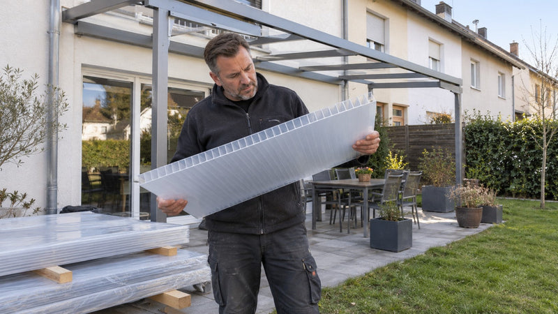 Handwerker prüft vor dem Kauf eine opale Stegplatte für das Terrassendach am Reihenhaus – Deutsche Kunststoffbedachungen