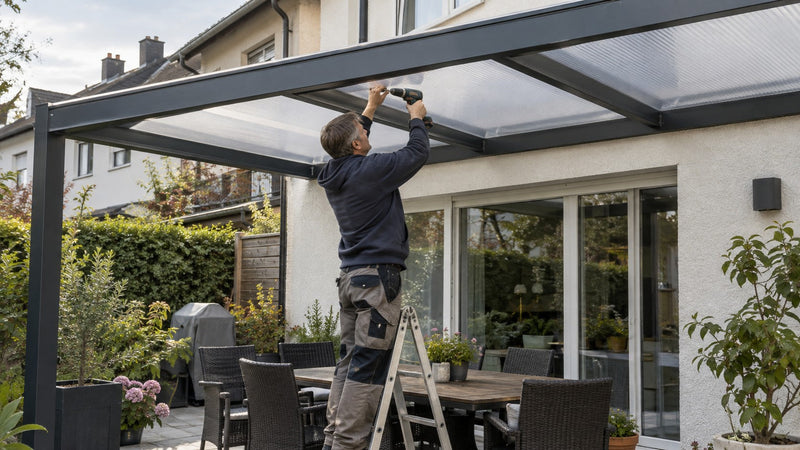 Heimwerker dichtet ein Terrassendach mit opalen Stegplatten am Reihenhaus mit Alu-Schraubprofil ab – Deutsche Kunststoffbedachungen