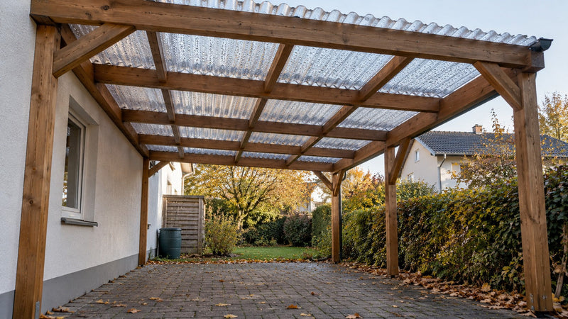 Holz-Carport mit klaren Wellplatten, an deren Unterseite sich am Herbstmorgen Kondenswasser bildet – Deutsche Kunststoffbedachungen