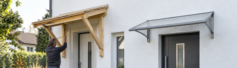 Selbst gebautes Holz-Vordach im Bau neben einem fertigen Pultvordach an einem Einfamilienhaus – Deutsche Kunststoffbedachungen