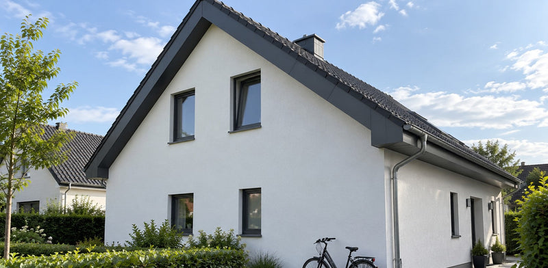 Einfamilienhaus mit Ortgang und Dachkasten, verkleidet mit anthrazitfarbenen Aluverbundplatten – Deutsche Kunststoffbedachungen