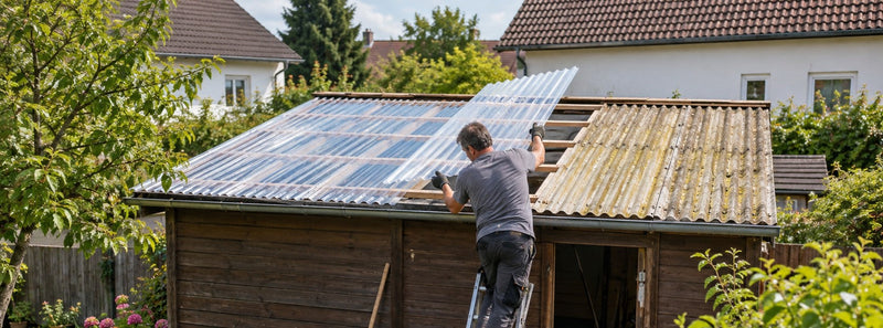 Heimwerker deckt ein Schuppendach neu ein und ersetzt alte vergilbte Wellplatten durch klare Polycarbonat-Wellplatten – Deutsche Kunststoffbedachungen