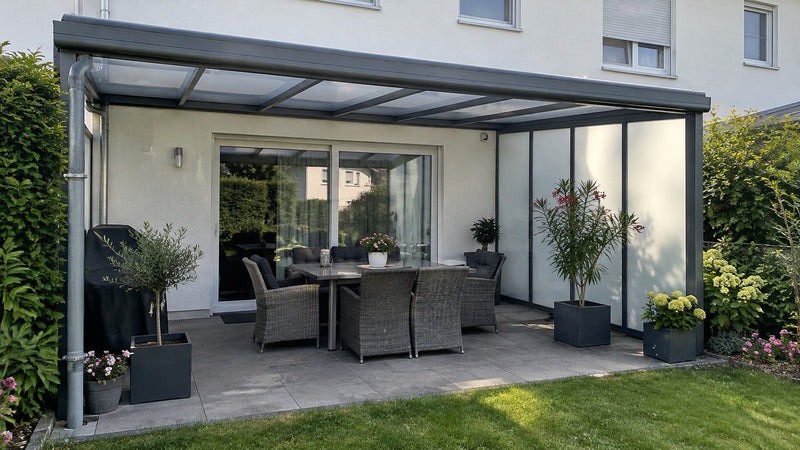 Terrassendach mit Seitenwand aus opalen Stegplatten an einem Reihenhaus – Deutsche Kunststoffbedachungen