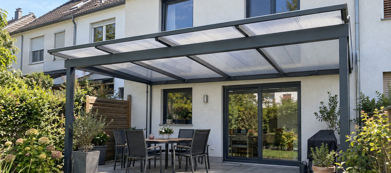 Terrassendach mit klaren 16 mm Stegplatten aus Polycarbonat an einem Reihenhaus – Deutsche Kunststoffbedachungen