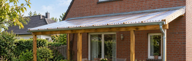 Terrassenüberdachung aus Holz mit klaren Wellplatten an einem Klinkerhaus – Deutsche Kunststoffbedachungen