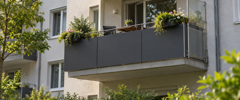 Balkon mit HPL-Verkleidung in Anthrazit und Plexiglas-Windschutz am Mehrfamilienhaus – Deutsche Kunststoffbedachungen