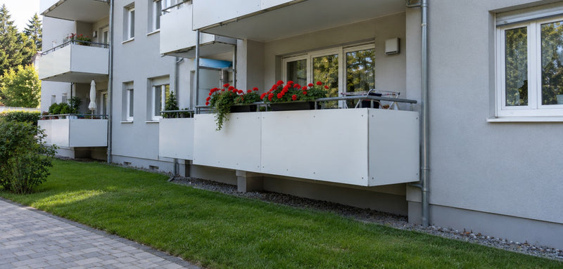 Balkonbrüstungen mit weißen HPL-Platten an einem Mehrfamilienhaus mit Geranien – Deutsche Kunststoffbedachungen