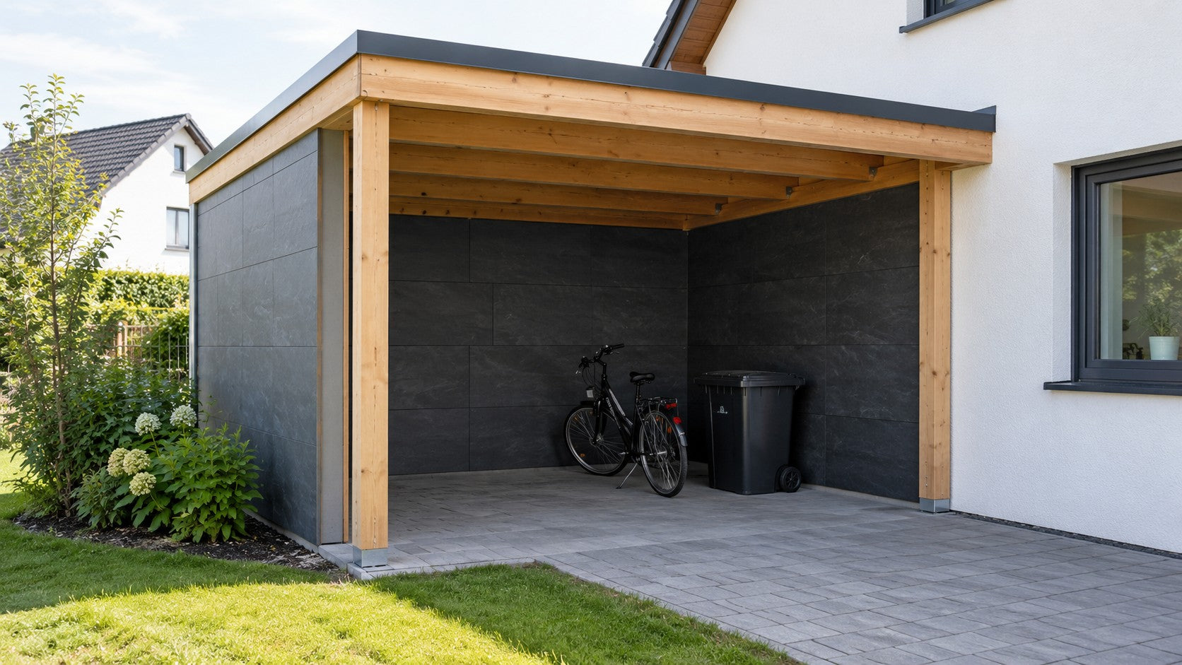 Holz-Carport mit Rück- und Seitenwand aus Aluverbundplatten in Schieferoptik an einem Einfamilienhaus – Deutsche Kunststoffbedachungen