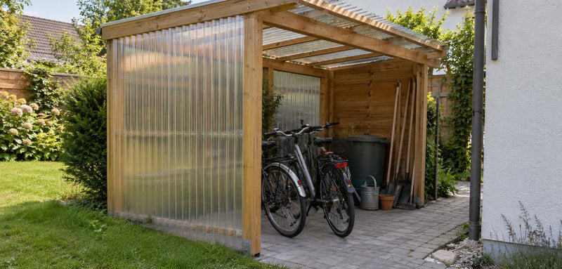 Fahrradunterstand aus Holz mit Seitenwand aus klaren Polycarbonat-Wellplatten im Garten – Deutsche Kunststoffbedachungen