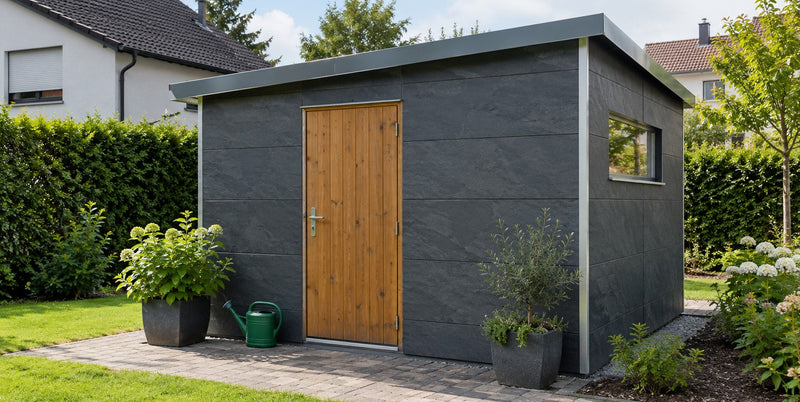 Gartenhaus mit Aluverbundplatten in Schieferoptik verkleidet, mit Holztür im Garten – Deutsche Kunststoffbedachungen