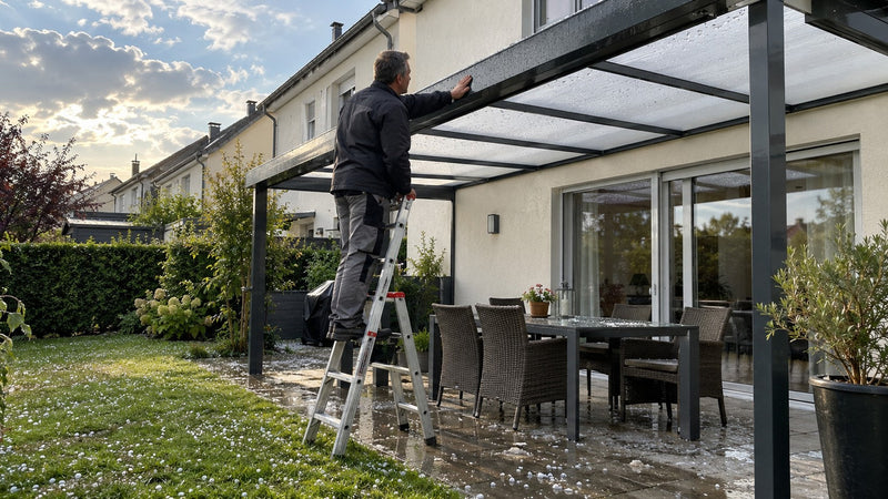 Handwerker prüft Stegplatten aus Polycarbonat am Terrassendach nach Hagel – Deutsche Kunststoffbedachungen