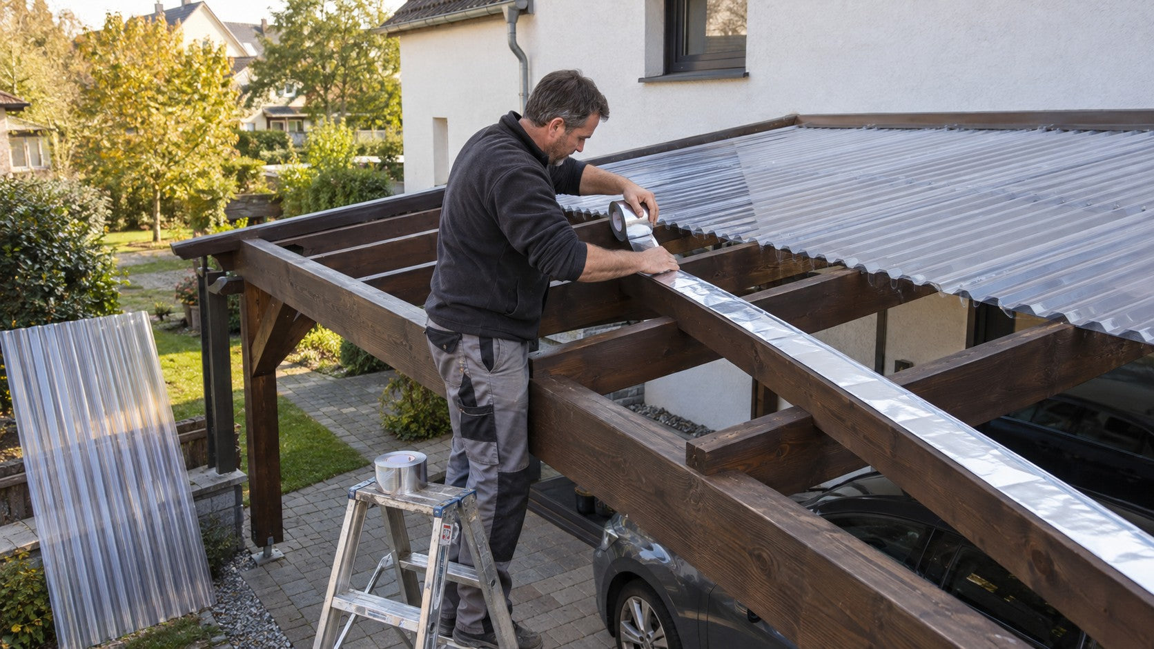 Heimwerker klebt Alu-Klebeband auf die Holzlatten eines Carports mit klaren Wellplatten – Deutsche Kunststoffbedachungen