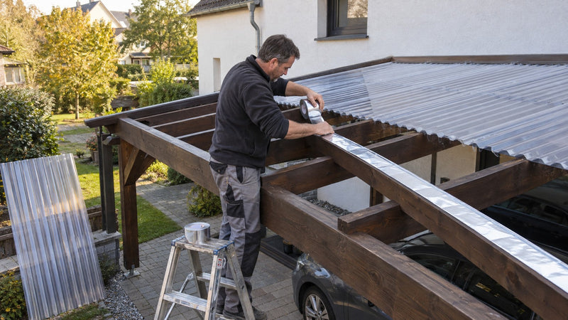 Heimwerker klebt Alu-Klebeband auf die Holzlatten eines Carports mit klaren Wellplatten – Deutsche Kunststoffbedachungen