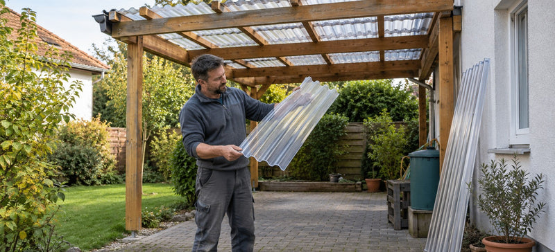 Heimwerker prüft eine klare Polycarbonat-Wellplatte vor dem Eindecken eines Holz-Carports – Deutsche Kunststoffbedachungen