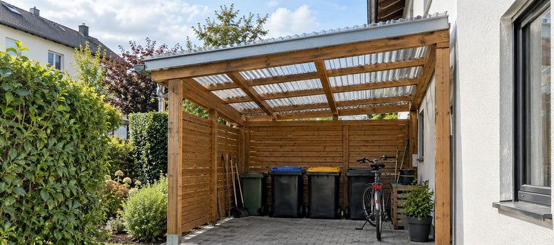 Kunststoffdach mit klaren Wellplatten aus Polycarbonat auf einem Holz-Carport am Einfamilienhaus – Deutsche Kunststoffbedachungen