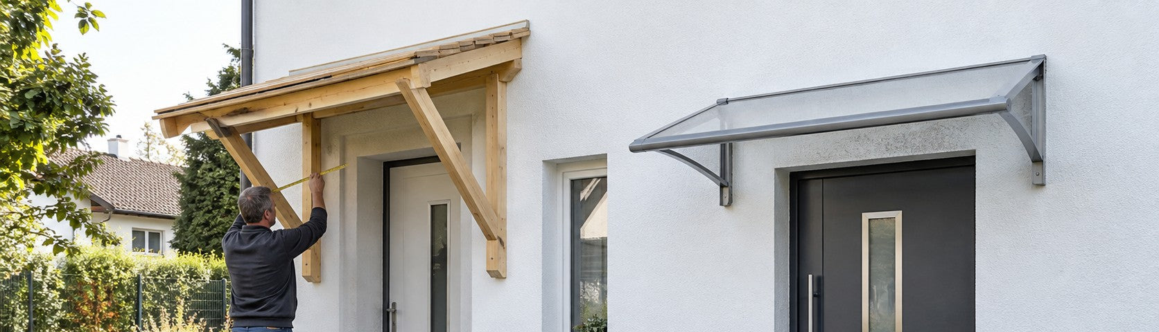 Selbst gebautes Holz-Vordach im Bau neben einem fertigen Pultvordach an einem Einfamilienhaus – Deutsche Kunststoffbedachungen