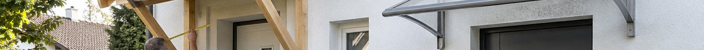 Selbst gebautes Holz-Vordach im Bau neben einem fertigen Pultvordach an einem Einfamilienhaus – Deutsche Kunststoffbedachungen