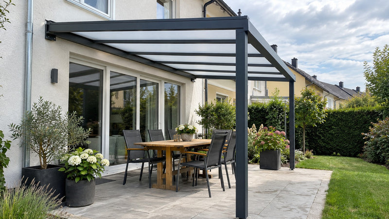 Terrassenüberdachung aus Kunststoff mit opalen Polycarbonat-Stegplatten an einem Reihenhaus – Deutsche Kunststoffbedachungen