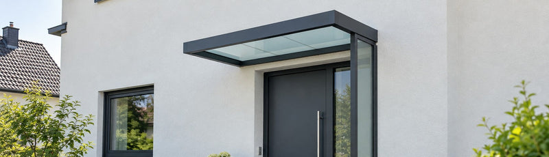 Rechteckiges Vordach in Anthrazit mit Seitenteil über der Haustür eines Einfamilienhauses – Deutsche Kunststoffbedachungen
