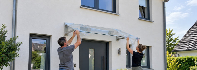 Zwei Heimwerker setzen eine neue Acrylglas-Scheibe auf das Vordach über der Haustür eines Einfamilienhauses – Deutsche Kunststoffbedachungen